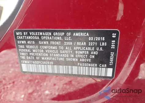 2015 Volkswagen Passat 1.8T Limited Edition из США, поврежденный, VIN 1VWAT7A32FC082525